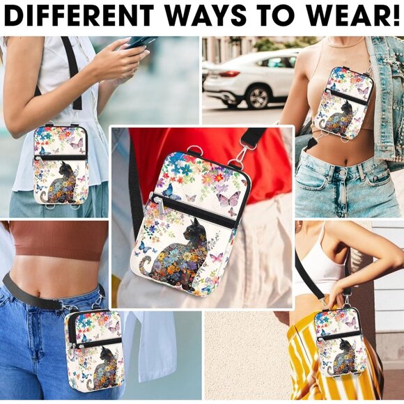 Waterproof Cat Lover Crossbody Phone Bag Small Canvas Zipper Fashion Gift - Picture 6 of 7